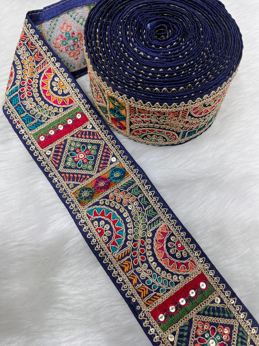 3 Inch Indian Saree Lace Border Embroidered Trim – Floral Decorative Ribbon for Art Quilts & Craft Projects (9 Meter) | Navy Blue