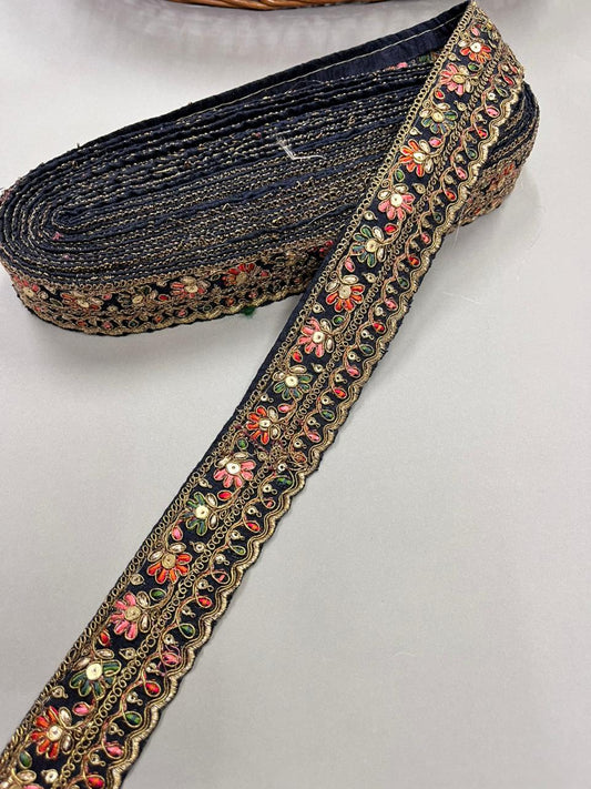 Zari Embroidered Sabyasachi Inspired Lace Border – Premium 2 Inch Designer Decorative Border for Sarees & Bridal Ethnic Wear (9 Meter) | Navy Blue