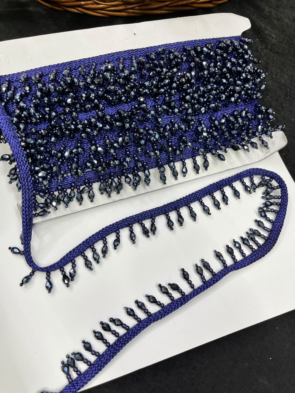 Crystal Drop Latkan Lace for Dupattas, Blouses, Sarees & Lehengas – Designer Hanging Crystal Lace Border (1 Inch) | DC1047 | Navy Blue