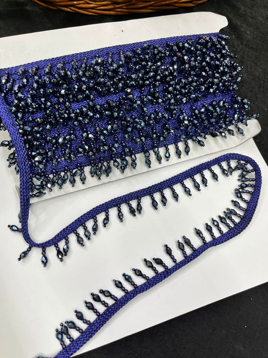 Crystal Drop Latkan Lace for Dupattas, Blouses, Sarees & Lehengas – Designer Hanging Crystal Lace Border (1 Inch) | DC1047 | Navy Blue