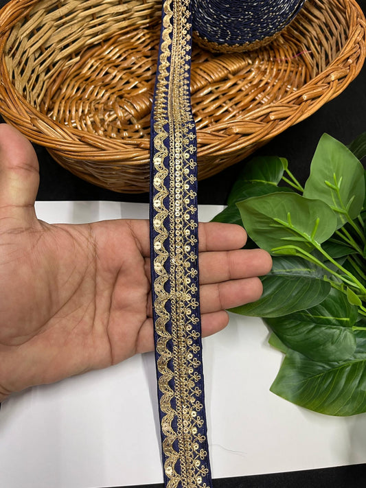 Gold Embroidered Saree Laces for Sarees, Kurtis, Dupattas, Dresses & Lehengas – 9 Meters, 1.25-Inch Decorative Border | Navy Blue