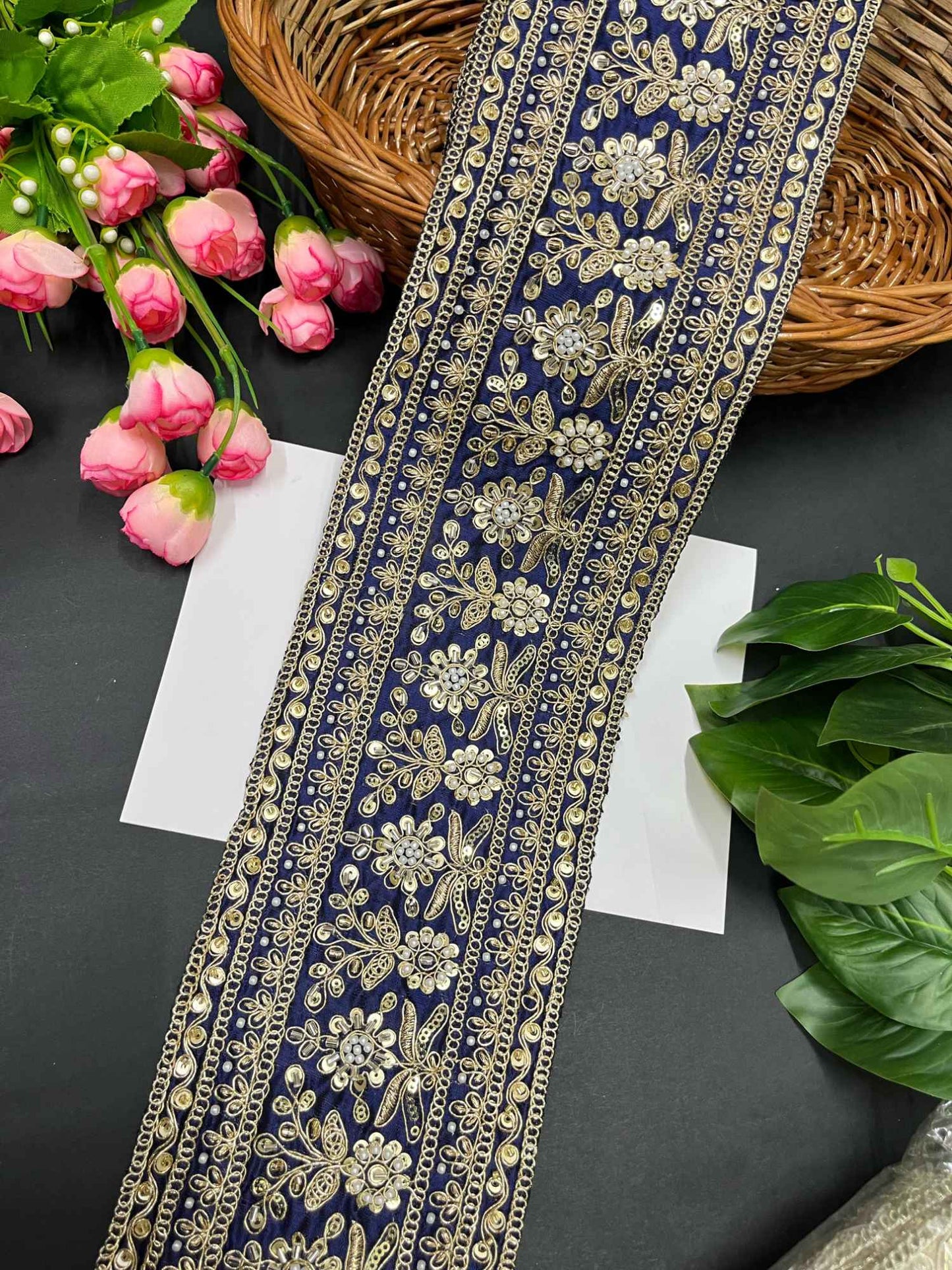 Handcrafted Exquisite Embroidered Cutdana Bridal Lehenga Border – 9 Meters, 5-Inch Maggam Work Lace | Navy Blue