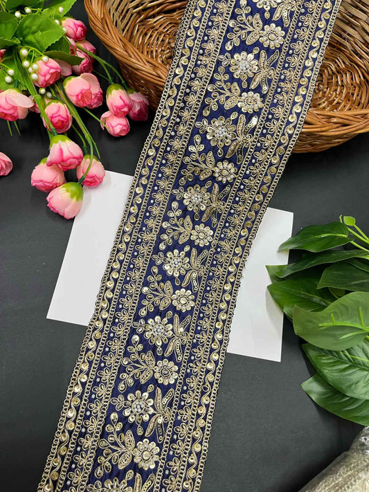 Handcrafted Exquisite Embroidered Cutdana Bridal Lehenga Border – 9 Meters, 5-Inch Maggam Work Lace | Navy Blue