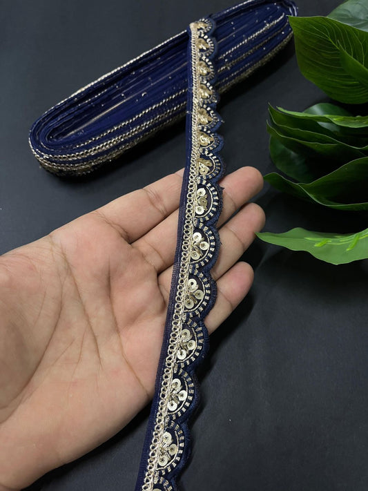 Gold Sequin Embroidered Lace on Net Fabric – Tone-to-Tone Design for Sarees, Dresses & Crafts – 9 Meter | Navy Blue