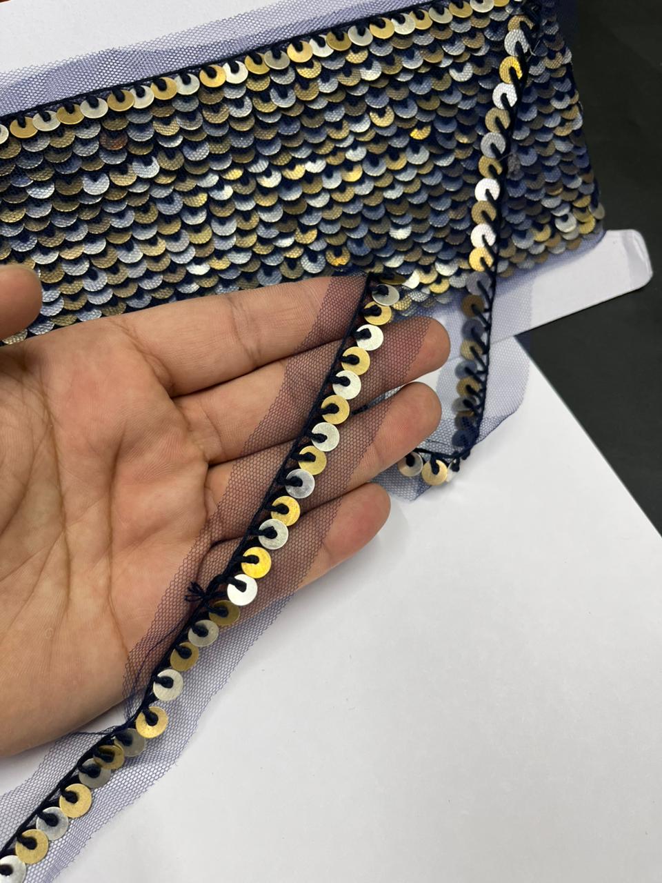 Sabyasachi-Inspired Metal Coin Lace for Dupattas & Sarees – Premium Handmade Ethnic Lace Border | Navy Blue