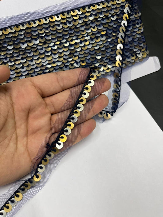 Sabyasachi-Inspired Metal Coin Lace for Dupattas & Sarees – Premium Handmade Ethnic Lace Border | Navy Blue