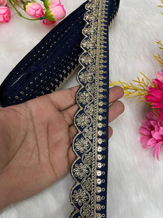 Embroidered Designer Lace – Indian Wedding Trims, Saree Border, 1.5 Inch Wide Lace Reel (9 Mtr) | Navy Blue