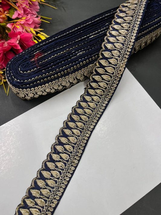 Zari Embroidered Saree Laces – Premium Designer Borders for Sarees, Lehengas & Dupattas (9 Meter, 1.5 Inch Width) | Navy Blue
