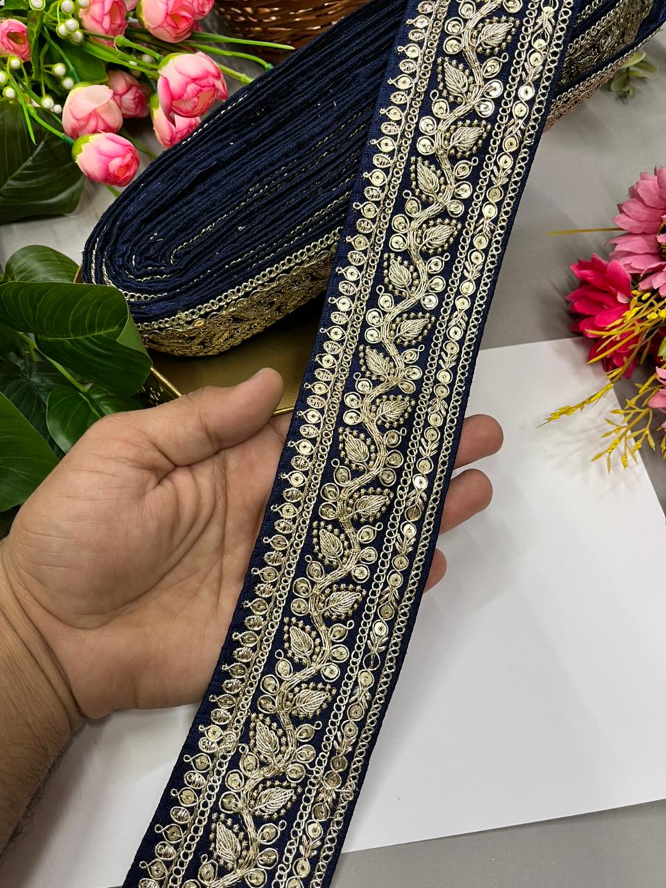 Silk Based Embroidered Saree Lace & Borders – Premium 2 Inch Decorative Lace for Ethnic & Festive Wear (9 Meter) | Navy Blue