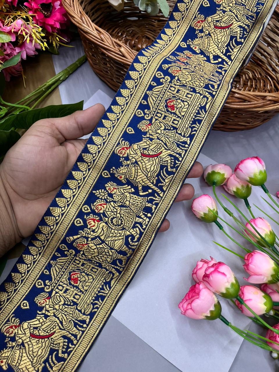 Excellent Banarasi Lace – Premium 4 Inch Traditional Woven Border for Sarees, Dupattas & Ethnic Wear (9 Meter) | Navy Blue