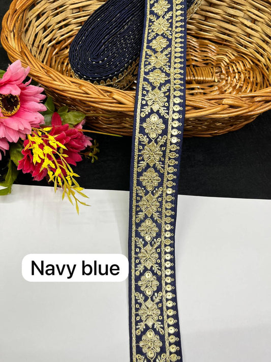 Gold Zari Embroidered Lace for Sarees & Dupattas Border Trim (9 Meter) – 1.5 Inch Width | Navy Blue