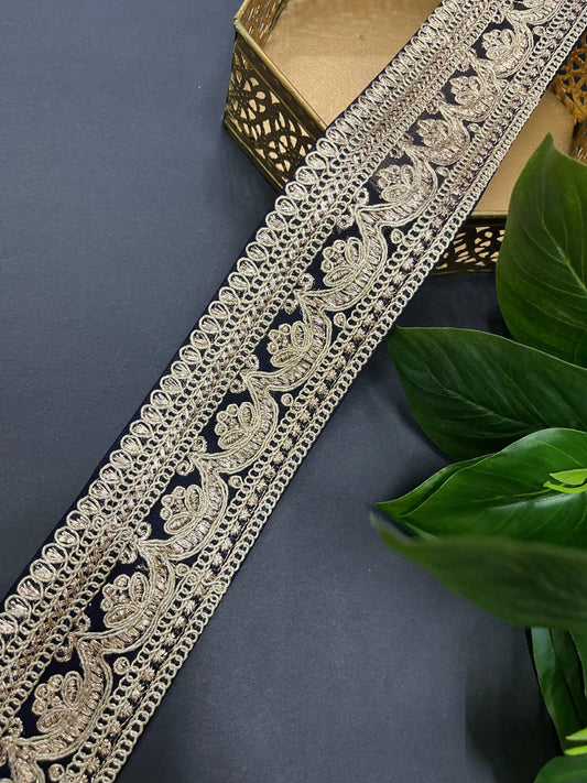 Embroidery Designer Lace on Net Fabric – 9 Meters, 2.5-Inch Width | Navy Blue