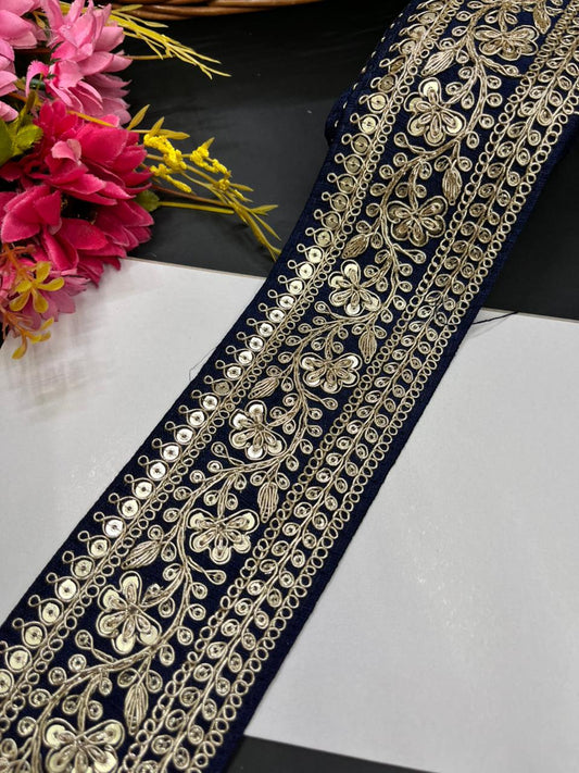 Embroidered Zari Lace Border for Saree, Lehenga & Craft Projects – Heavy 3 Inch Designer Embroidery Lace for Ethnic Wear (9 Meter) | Navy Blue