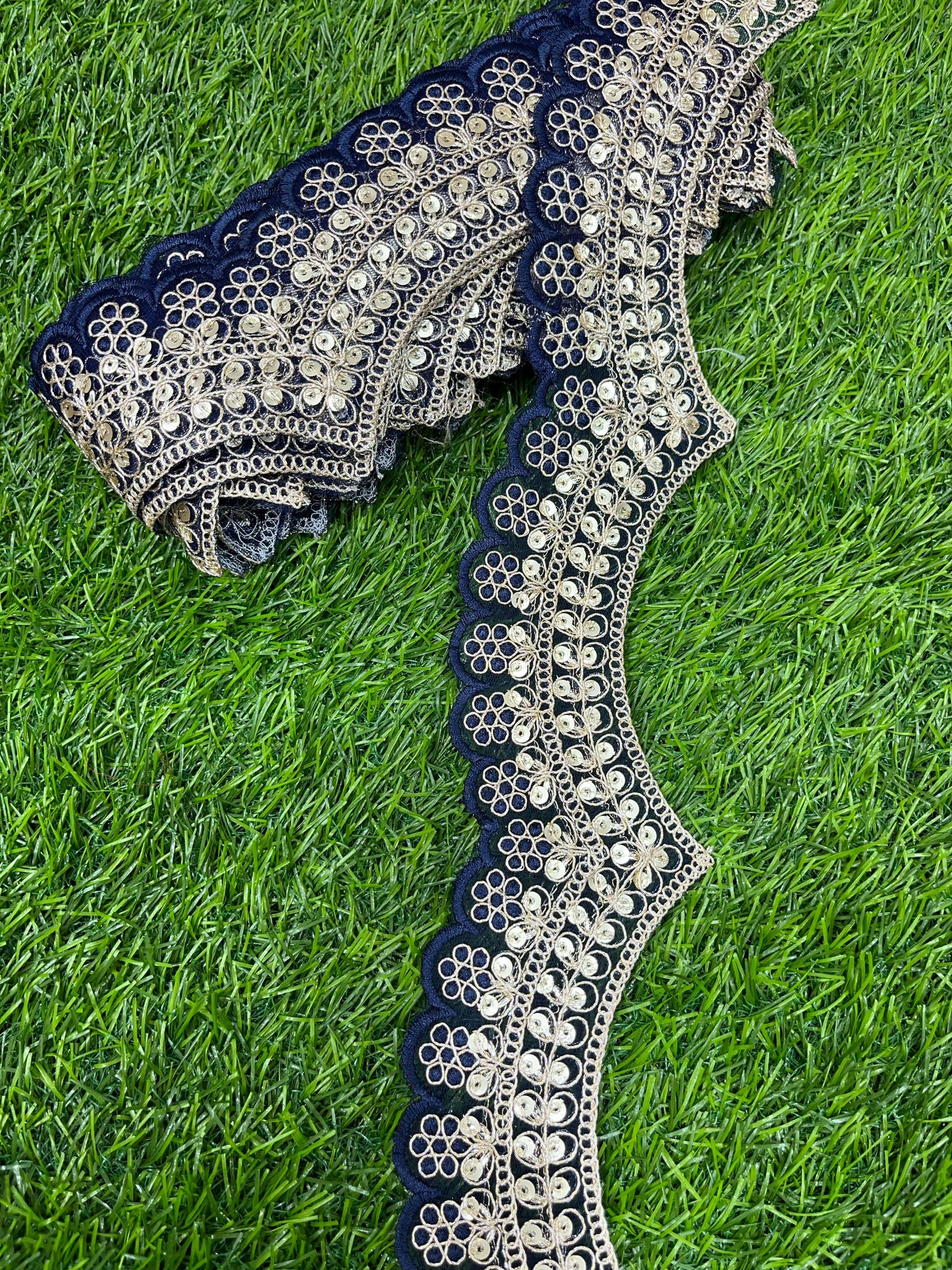 Embroidery Scallop Lace | Sequins Embellishment Trim | Craft Decorative Saree Lace – 9 Meters, 2-Inch Width | Navy Blue