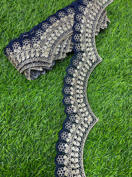 Embroidery Scallop Lace | Sequins Embellishment Trim | Craft Decorative Saree Lace – 9 Meters, 2-Inch Width | Navy Blue