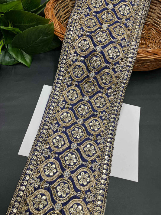 Katdana & Bead Work Embroidered Bridal Lehenga Lace Trim – 9 Meters, 5-Inch Heavy Border for Sarees & Wedding Outfits | Navy Blue