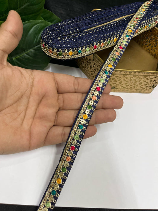 Multicolored Sabyasachi Inspired Embroidered Lace – 9 Meters, 0.5-Inch Designer Trim for Sarees, Lehengas & Dupattas | Navy Blue