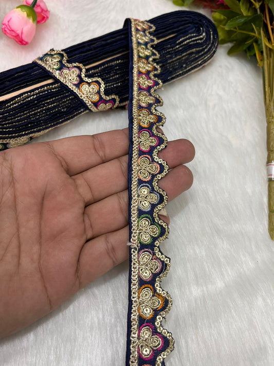 Sabyasachi-Inspired Multicoloured Designer Embroidered Trims – 9 Meter Roll, 1 Inch Wide for Crafting & Fashion | Navy Blue