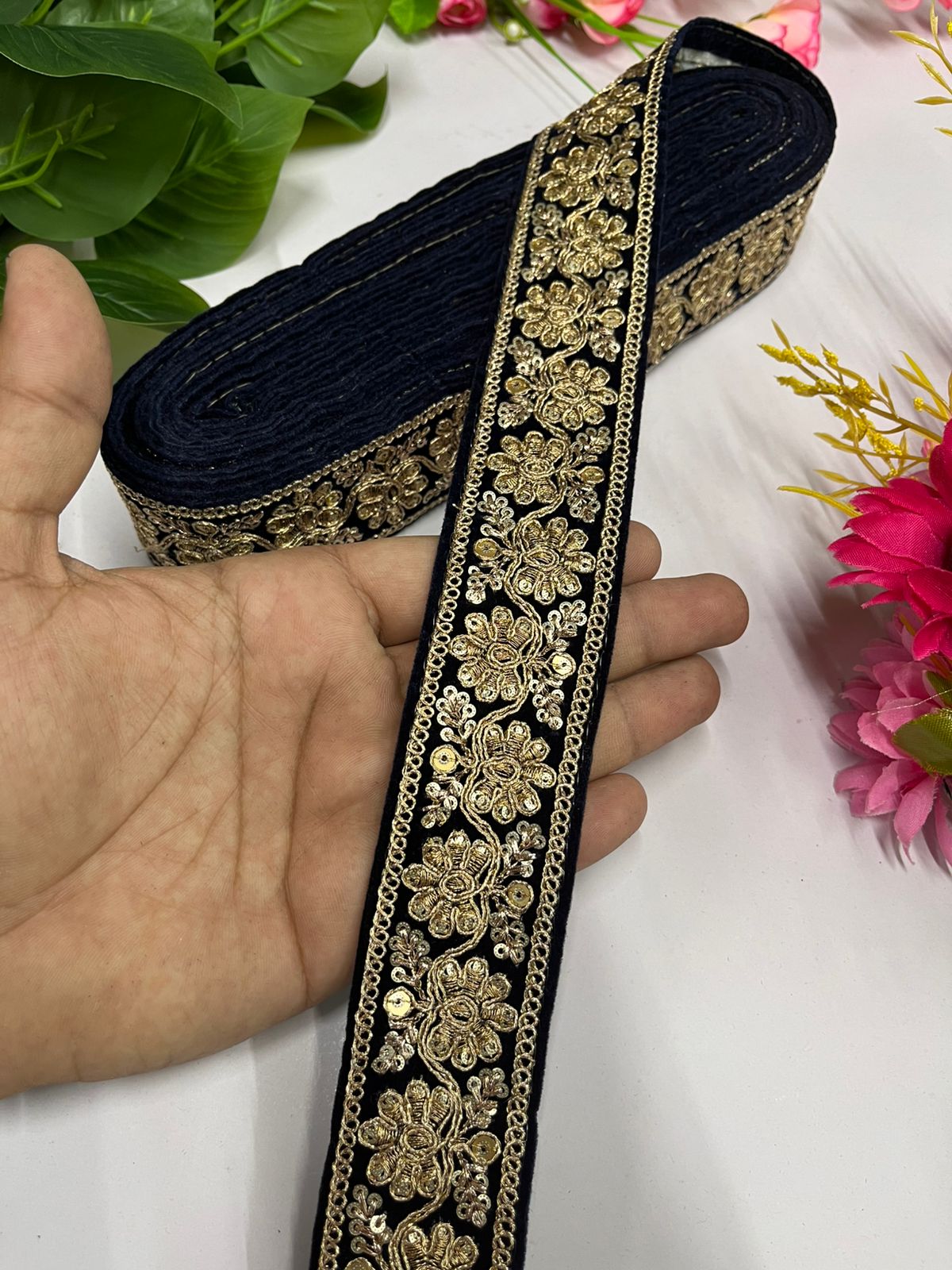Velvet Saree and Dupatta Lace | Gold Embroidered Velvet Fabric Designer Lace (9 Mtr) | Navy Blue