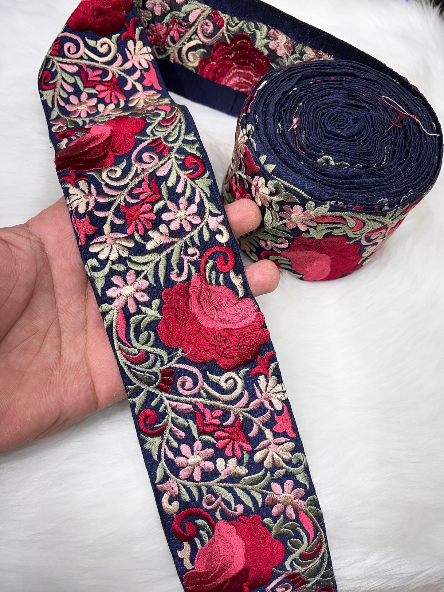 Beautiful Thread Work Parsi Lace Trim - Timeless Elegance | Navy Blue