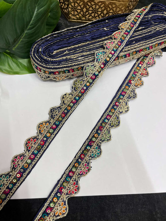 Multicolored Scalloped Sabyasachi Inspired Embroidered Lace – 9 Meters, 1-Inch Designer Trim for Sarees, Lehengas & Dupattas | Navy Blue