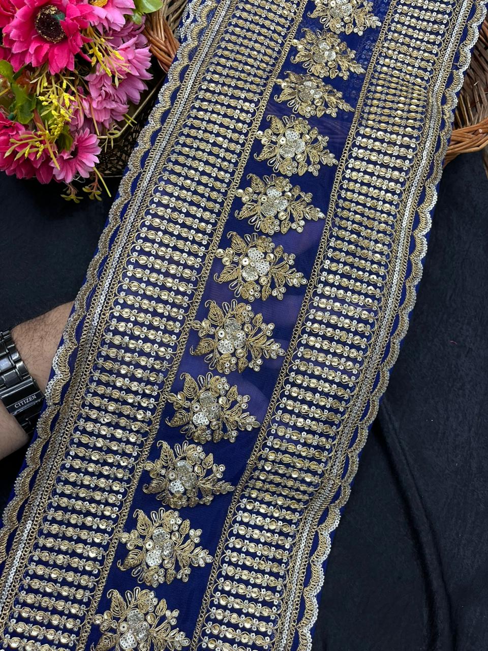Sabyasachi Inspired Embroidered Lehenga Border Lace – Designer Bridal Saree & Lehenga Lace Trim (9 Inch) | Navy Blue