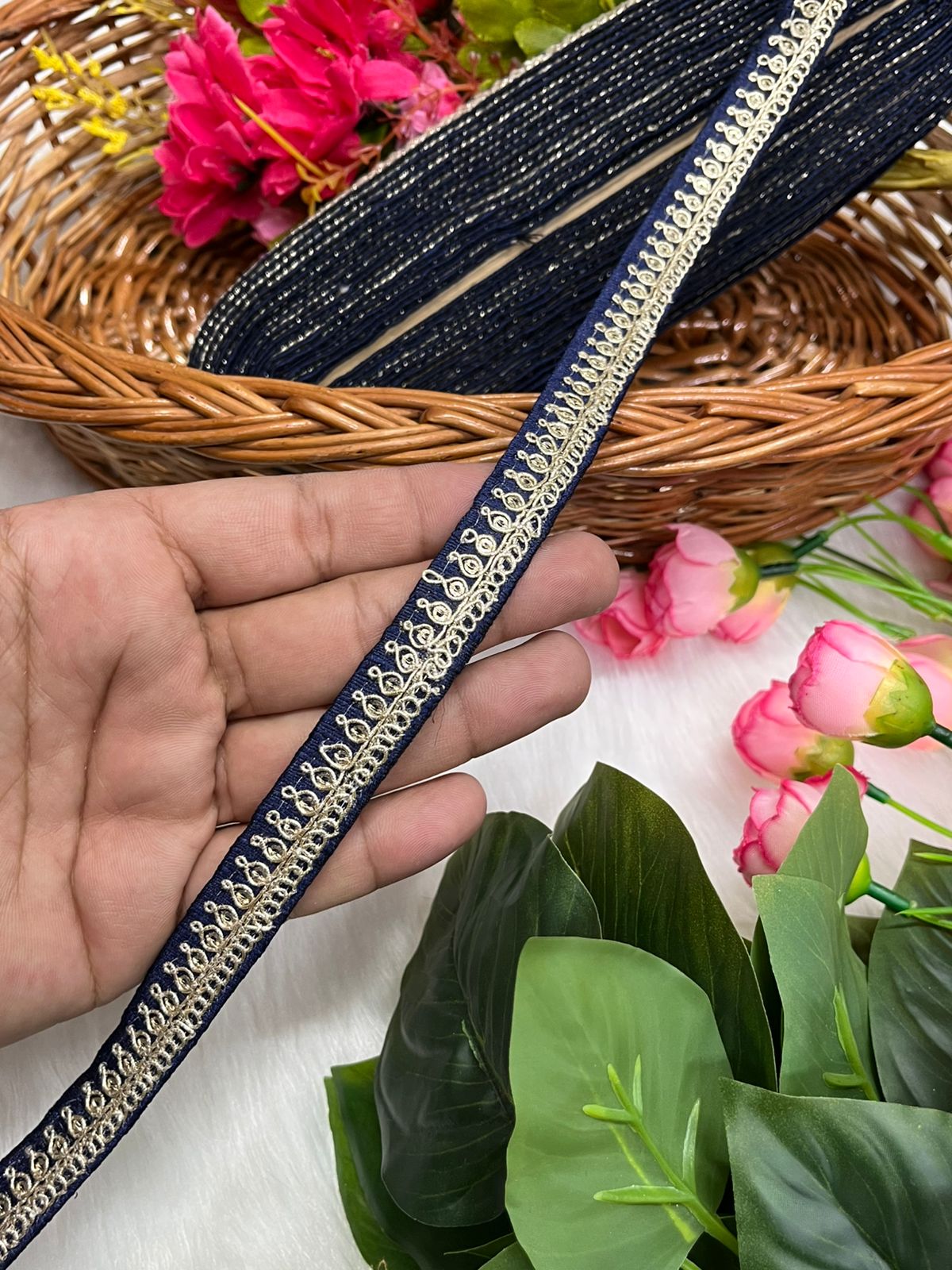Embroidered Designer Lace - Indian Wedding Trims, Saree Border, Lace Reel 9 Meter (0.5 Inch Width) | Navy Blue