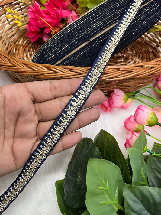 Embroidered Designer Lace - Indian Wedding Trims, Saree Border, Lace Reel 9 Meter (0.5 Inch Width) | Navy Blue