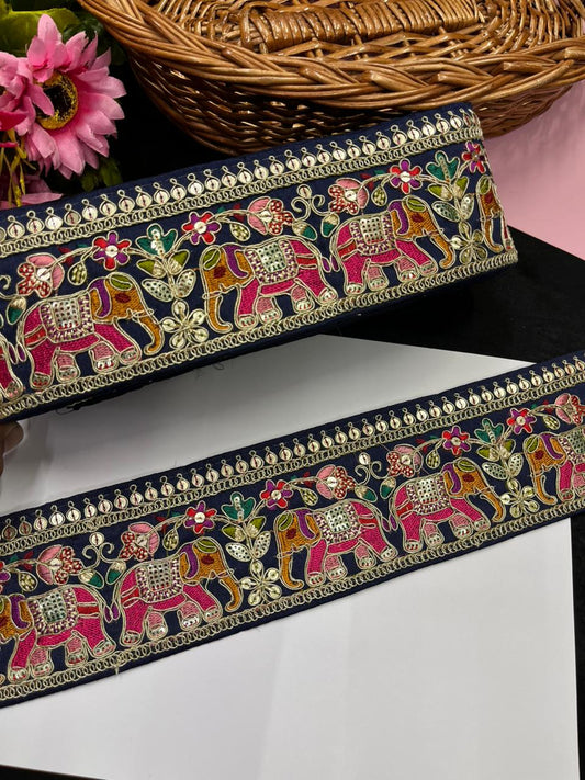 Beautiful Elephant Design Embroidered Zari Saree Lace – Premium Designer Embroidered Lace | Navy Blue