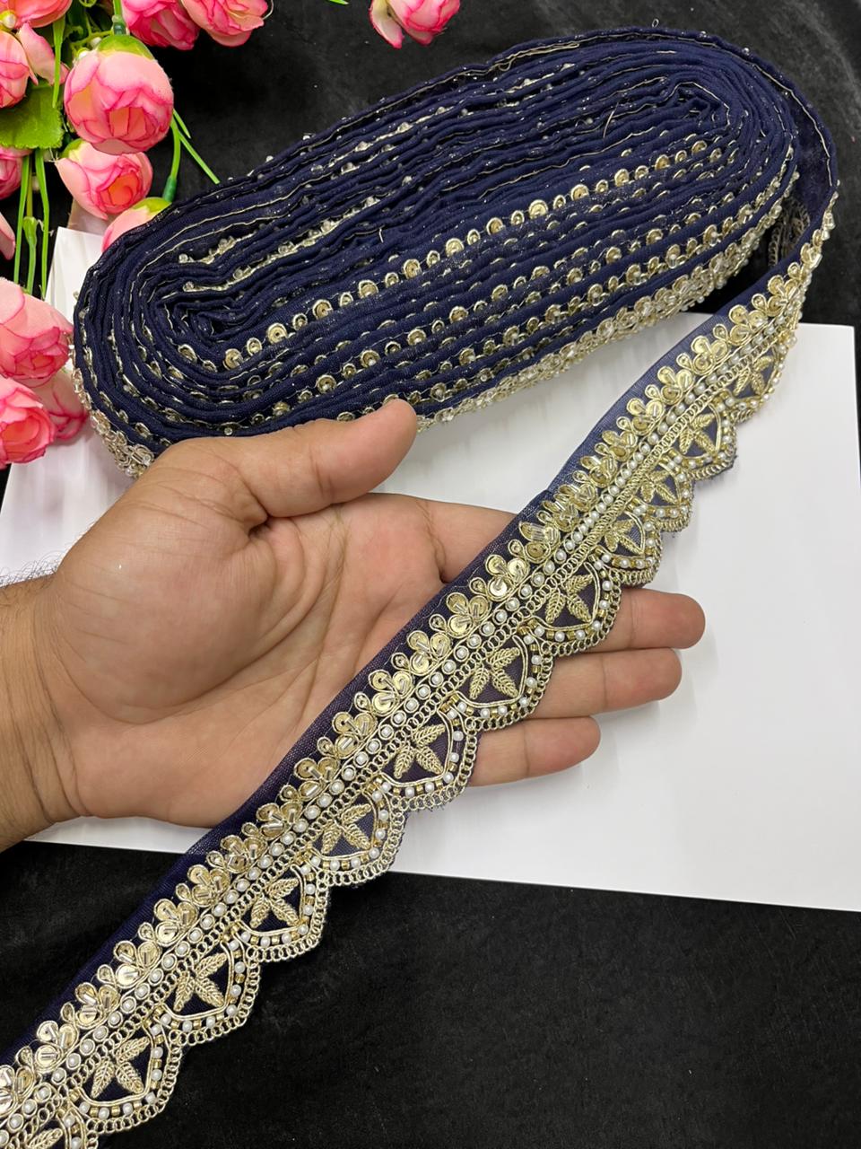 Bridal Saree Lace Border – Designer Maggam Work Lace for Sarees, Blouses & Lehengas (1.75 Inch) | Navy Blue