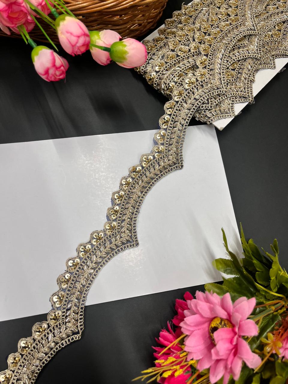 Scalloped Maggam Work Saree Lace Borders on Net Fabric – Designer Embroidered Trim for Sarees & Lehengas (9 Meter, 2 Inch Width) | Navy Blue