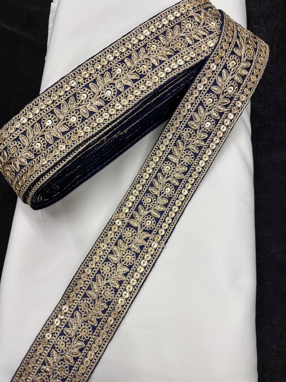 Leaf Style Embroidered Designer Lace Border for Sarees, Kurtis & Dresses – Elegant Ethnic Embroidery Lace (2 Inch) | Navy Blue