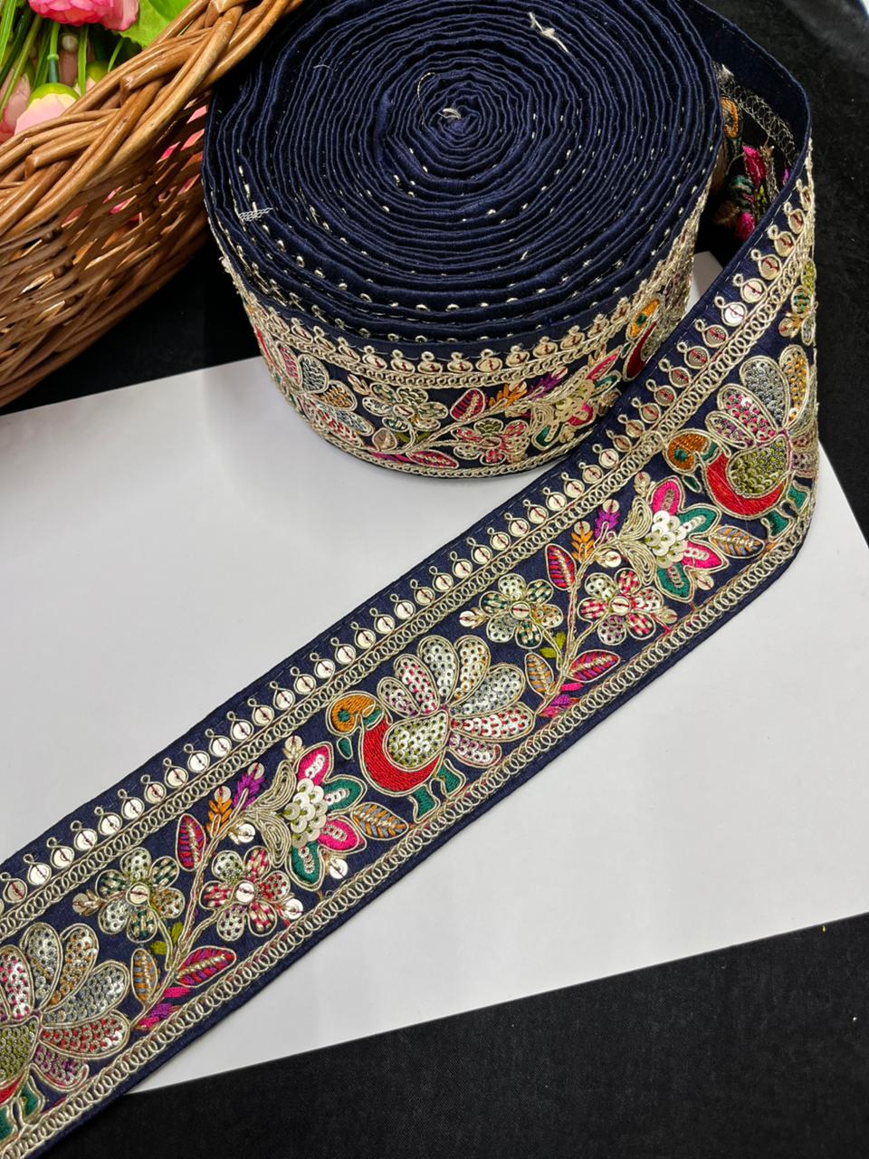 Peacock Design Sequins Work Embroidered Lace Designs – Premium Designer Embroidered Lace | Navy Blue