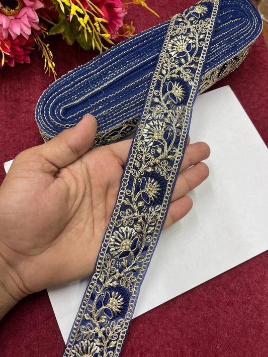 Sequins Work Zari Embroidered Laces – Premium Designer Borders for Sarees, Lehengas & Dupattas (9 Meter, 1.5 Inch Width) | Navy Blue