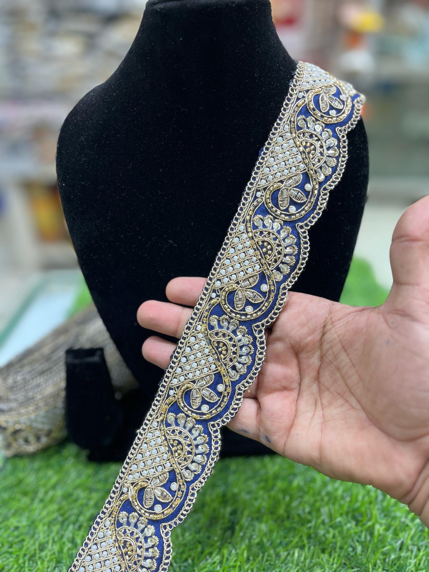 Vibrant Cutdana Beaded Embroidered Lace Border for Sarees and Dupatta – 9 Meters, 2-Inch Width | Navy Blue