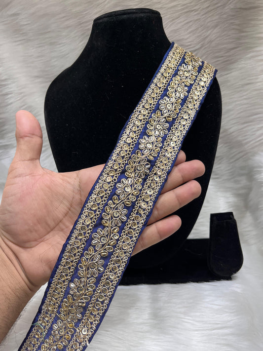 Maggam Work Lace for Saree and Dupatta | Katdana Handmade Lace – 9 Meters, 2-Inch Width | Navy Blue