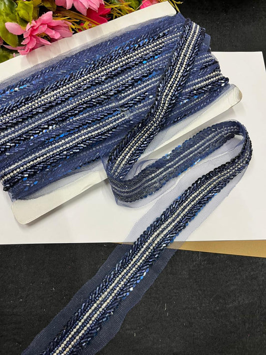 Handmade Sequins Diamond Lace on Net Fabric for Sarees, Kurtis & Dresses – Designer Embroidered Lace Border (1.5 Inch) | Navy Blue