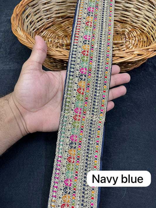 Sabyasachi Inspired Embroidery Designer Saree Lace Border (9 Meter) – 3 Inch Wide Premium Trim | Navy Blue