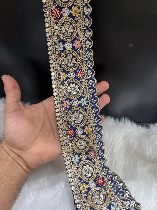 Vibrant Cutdana Beaded Embroidered Lace Border for Sarees and Lehengas – 9 Meters, 3-Inch Width | Navy Blue