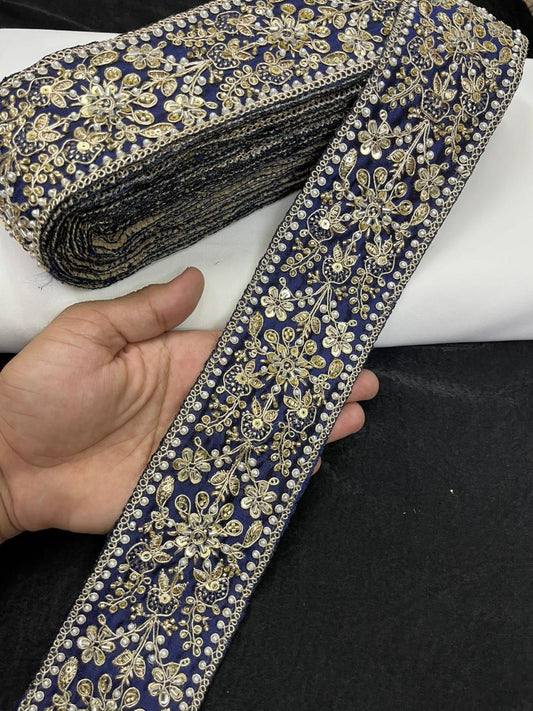 Maggam Work Lace for Sarees & Bridal Wear – Designer Embroidered Lace Border for Lehengas, Blouses & Dupattas (3 Inch) | Navy Blue