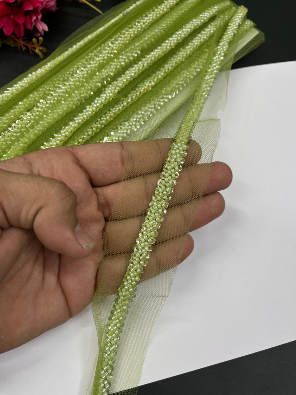 Imported Beaded Lace Trims – Premium Half-Inch Designer Lace for Sarees, Dupattas, Lehengas & Couture Wear (9 Meter) | Neon Green