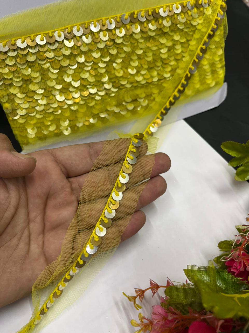 Sabyasachi-Inspired Metal Coin Lace for Dupattas & Sarees – Premium Handmade Ethnic Lace Border | Neon Green
