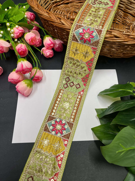 Sabyasachi Inspired Embroidered Sari Border with Zari & Sequin – 9 Meters, 2.5-Inch Designer Lace for Sarees & Lehengas | Neon Green