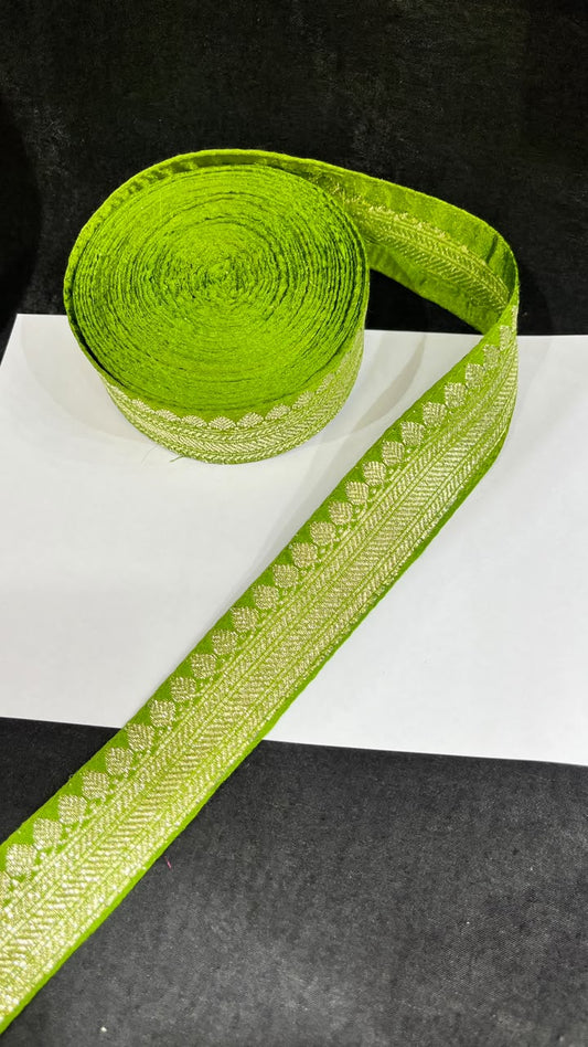 Banarasi Handloom Vintage Pure Silk Border – 9 Meters, 1-Inch Traditional Zari Lace Trim for Sarees & Lehengas | Neon Green