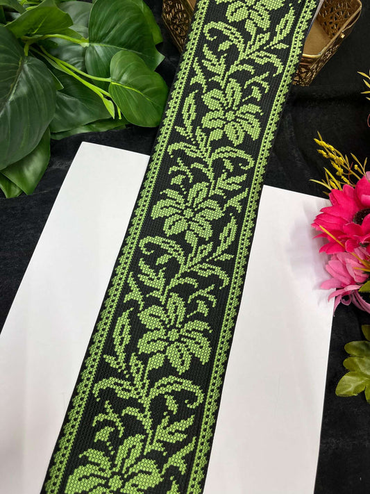 Cross Stitch Jacquard Border – 9 Meters, 4-Inch Thread Embroidered Lace for Sarees, Lehengas & Dupattas | Neon Green