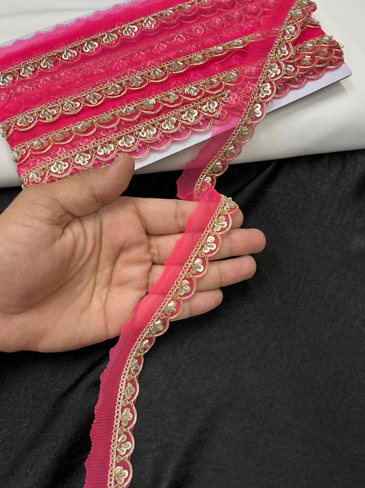 Scalloped Cutdana Work Lace for Sarees & Dupattas – Designer Maggam Work Lace Border (Half Inch) | Neon Pink