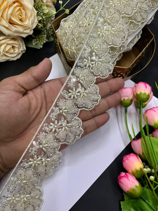 Luxurious Flower Design Imported Lace Trims – Premium 2.5 Inch Decorative Border for Sarees, Blouses & Ethnic Wear (9 Meter) | Off White
