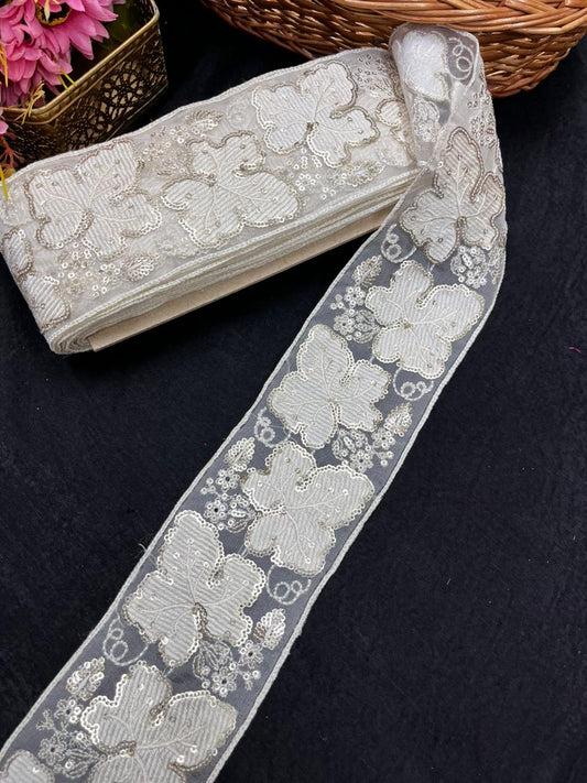 Designer Leaf Style Lucknowi Lace for Sarees – Elegant Embroidered Lace Border for Kurtis, Dresses & Dupattas (3 Inch)