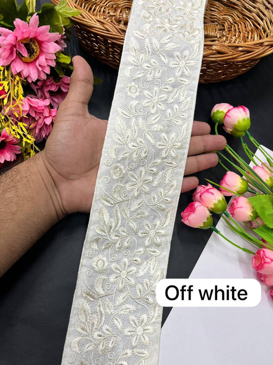 Elegant Flower Design Parsi Work Lace & Border – 9 Meter Thread Embroidered Trim | Off White