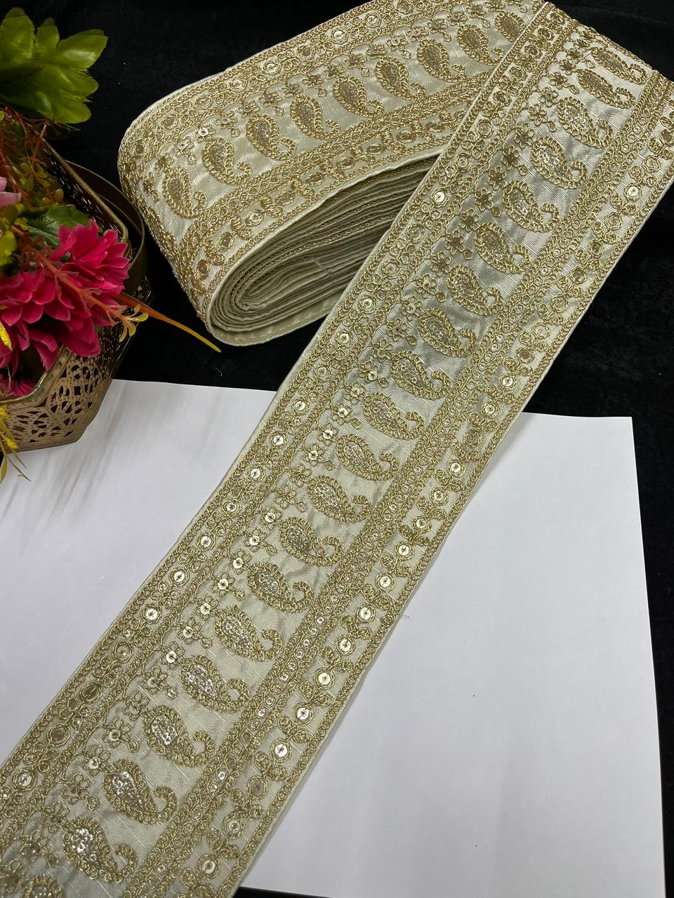 Sabyasachi Inspired Embroidered Lace Border for Sarees, Lehengas & Dupattas – Designer Wide Ethnic Lace Trim (4 Inch) | Off White